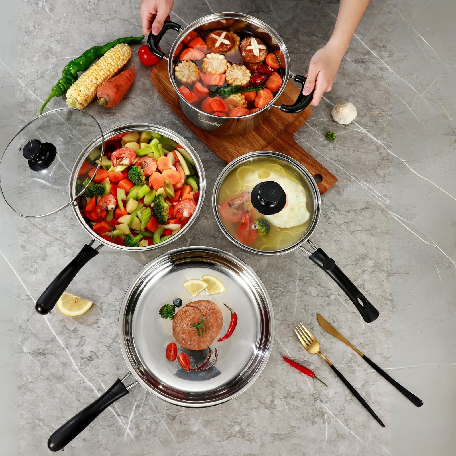 Chandler Stainless Steel Cookware Set,13-piece Pots and Pans with Tempered Glass